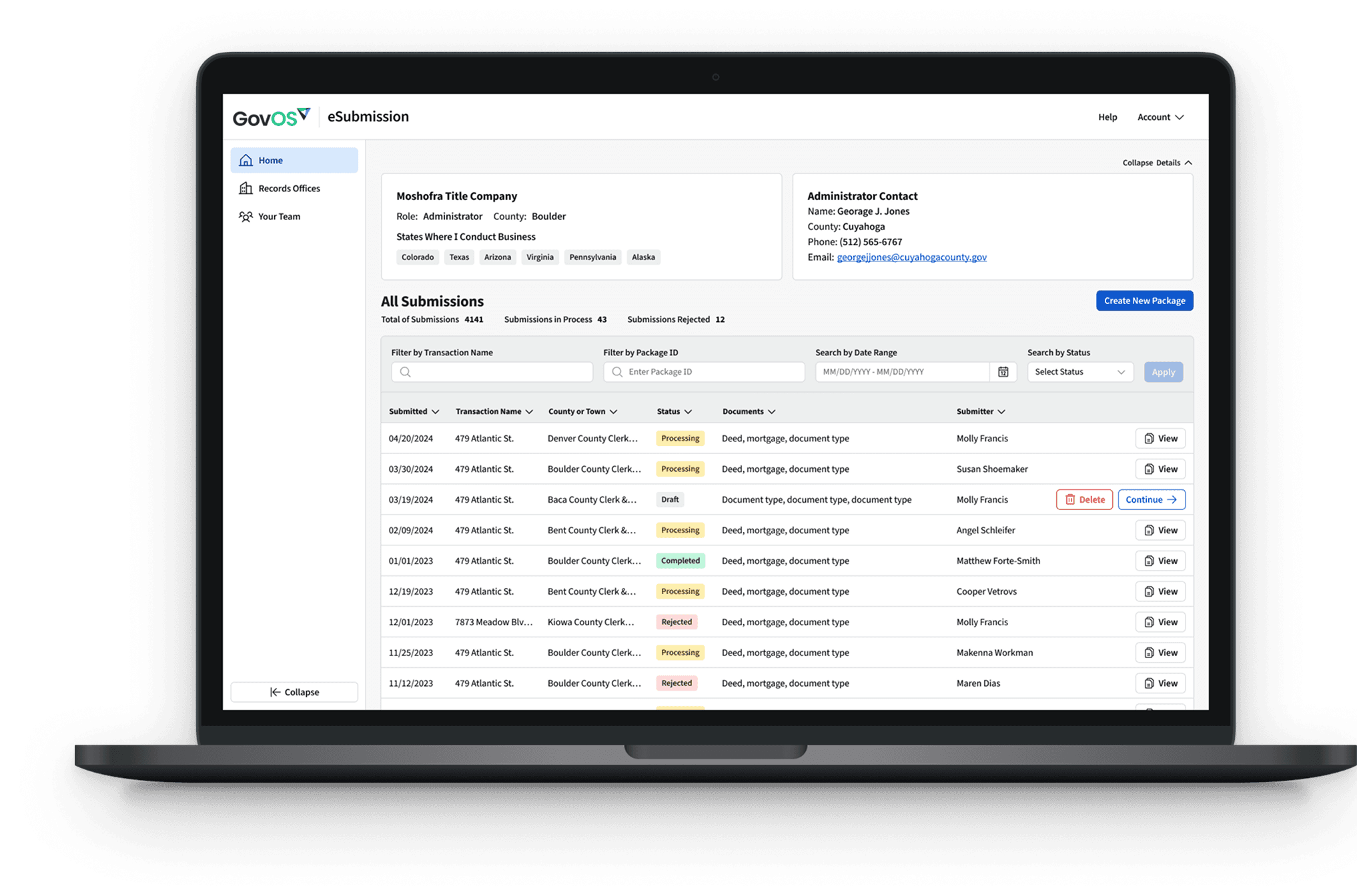 GovOS eSubmission dashboard — all submissions, statuses, and team at a glance