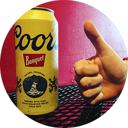 Coors Banquet can with a thumbs up