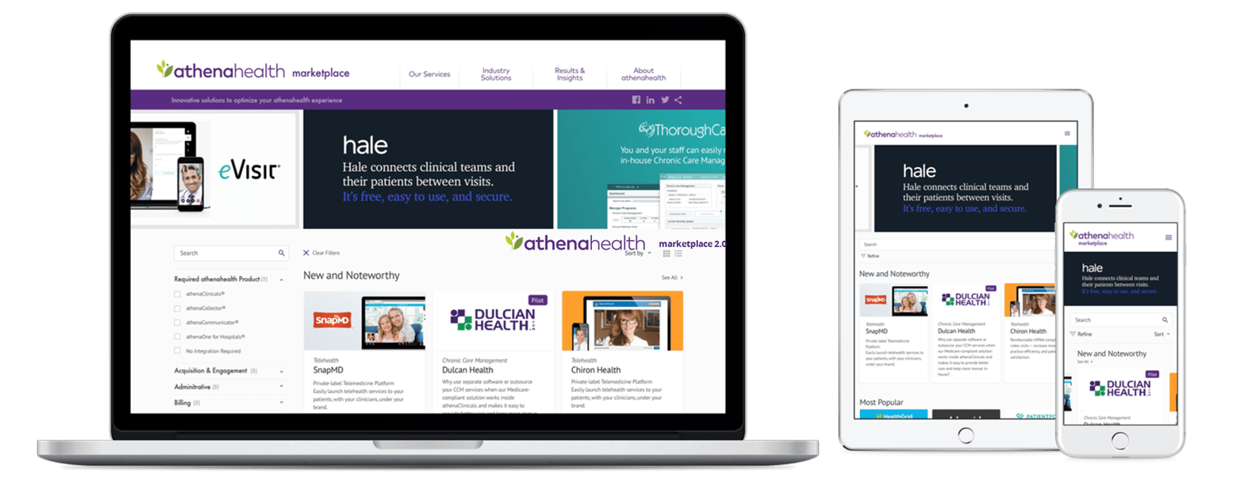 The athenahealth Marketplace on a laptop, tablet and phone
