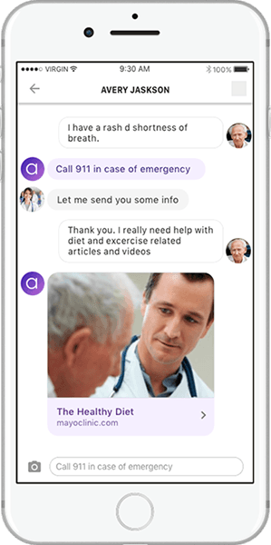 Apollo, the athenaWell chat bot, answering a patient's symptom question and sending a Mayo Clinic article