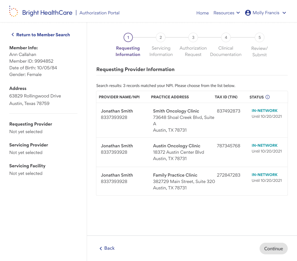 Step 1 — Requesting information, provider search