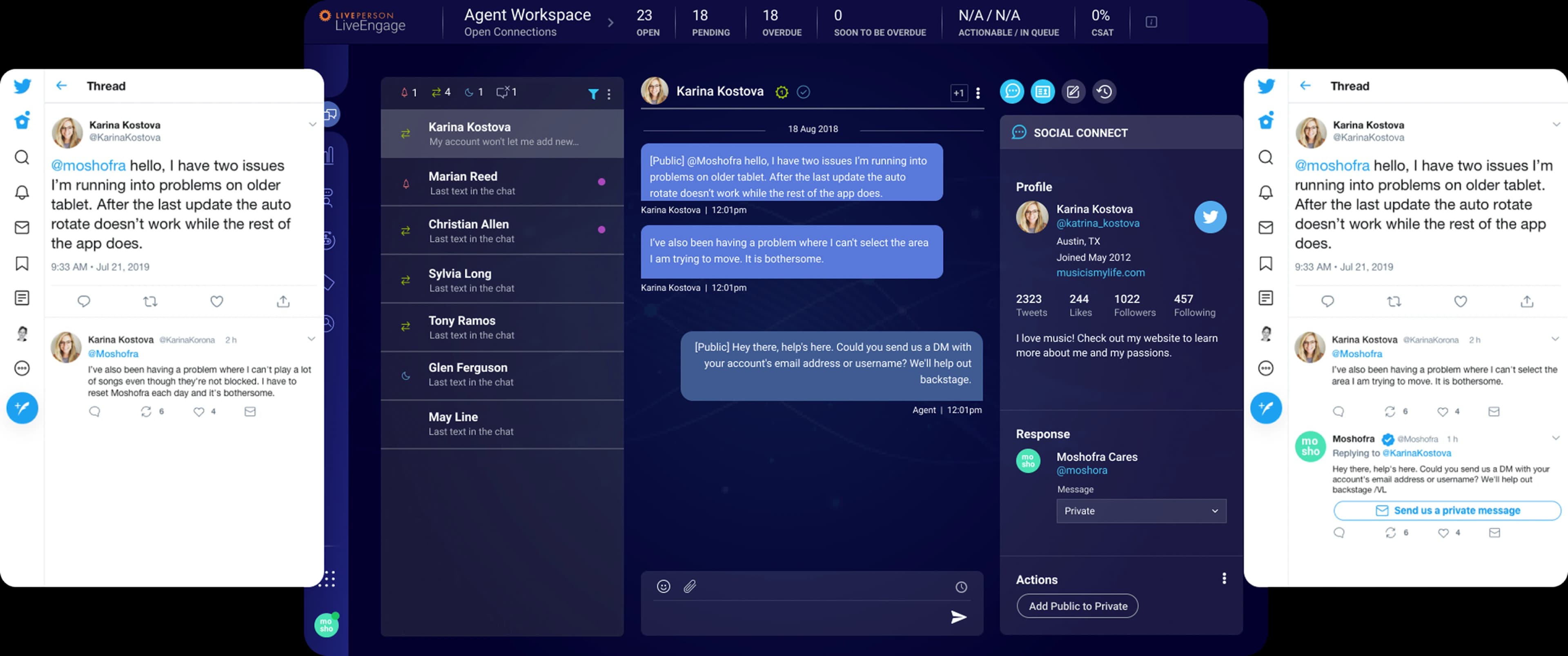 A public tweet on the left, the same conversation continued as a private thread on the right, with the agent workspace between them