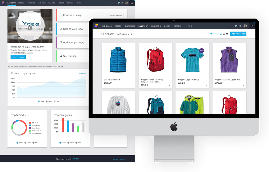 The Volusion admin dashboard and product catalogue
