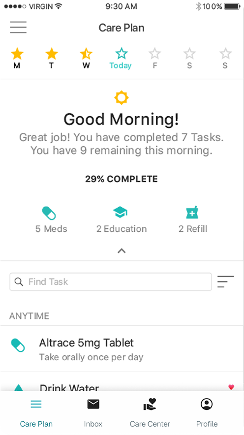 Care Plan — daily task list with medication, education, and refill counts