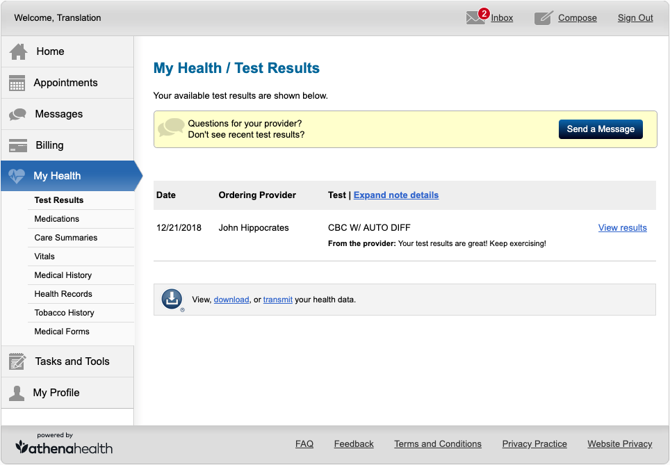 Legacy My Health: Test Results, with everything else in a sidebar