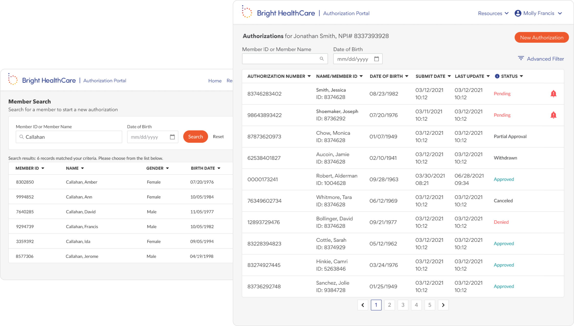 Member search and authorizations dashboard in the Authorization Portal
