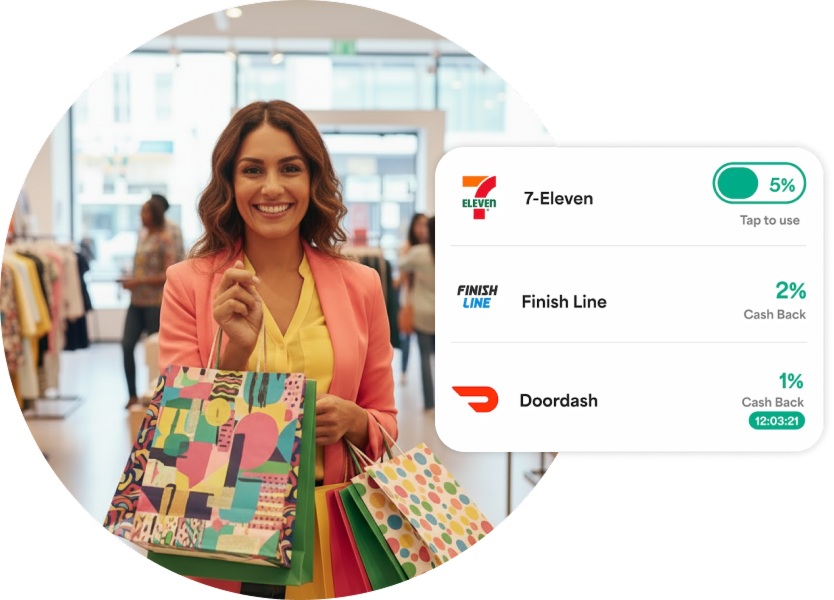 Cardholder with cashback offers — 7-Eleven, Finish Line, Doordash